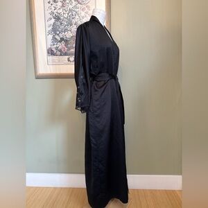 Vintage La Senza Black Satin Maxi Robe - Lace Embroidered Sleeves - Size S/M